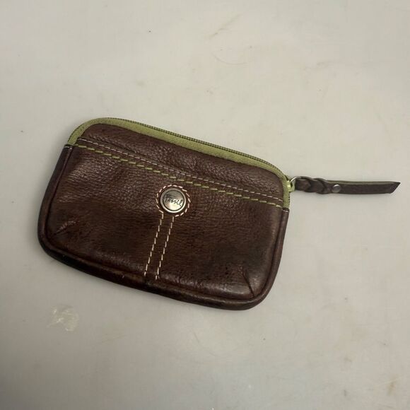 Fossil Leather Brown Green Women's Coin Purse Wallet w/ Keyring EUC - Picture 14 of 14